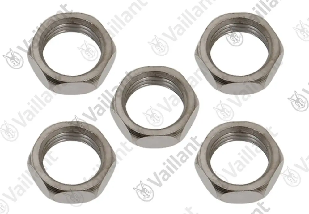 Fünf Sechskantmuttern aus Metall der Marke Vaillant, mit Innengewinde und einem klaren hexagonalem Profil, übereinander angeordnet.